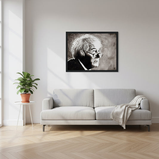 Immerse your space in the poetic brilliance of Seamus Heaney with our framed fine art print. This carefully crafted portrait print pays homage to the lyrical genius of the beloved Irish poet.