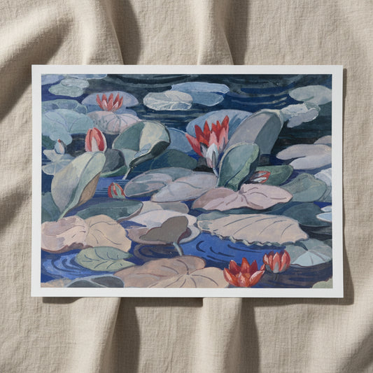 A Water-Lily Pond (c.1919) by Mainie Jellett – Collector’s Edition Print unframed art print on 250 gsm matte museum paper, flat-lay on soft linen fabric, natural daylight, detailed paper texture, luxury minimalism.