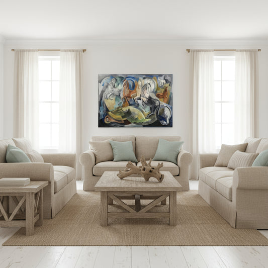 Achill Horses framed artwork in coastal Irish interior with whitewashed walls