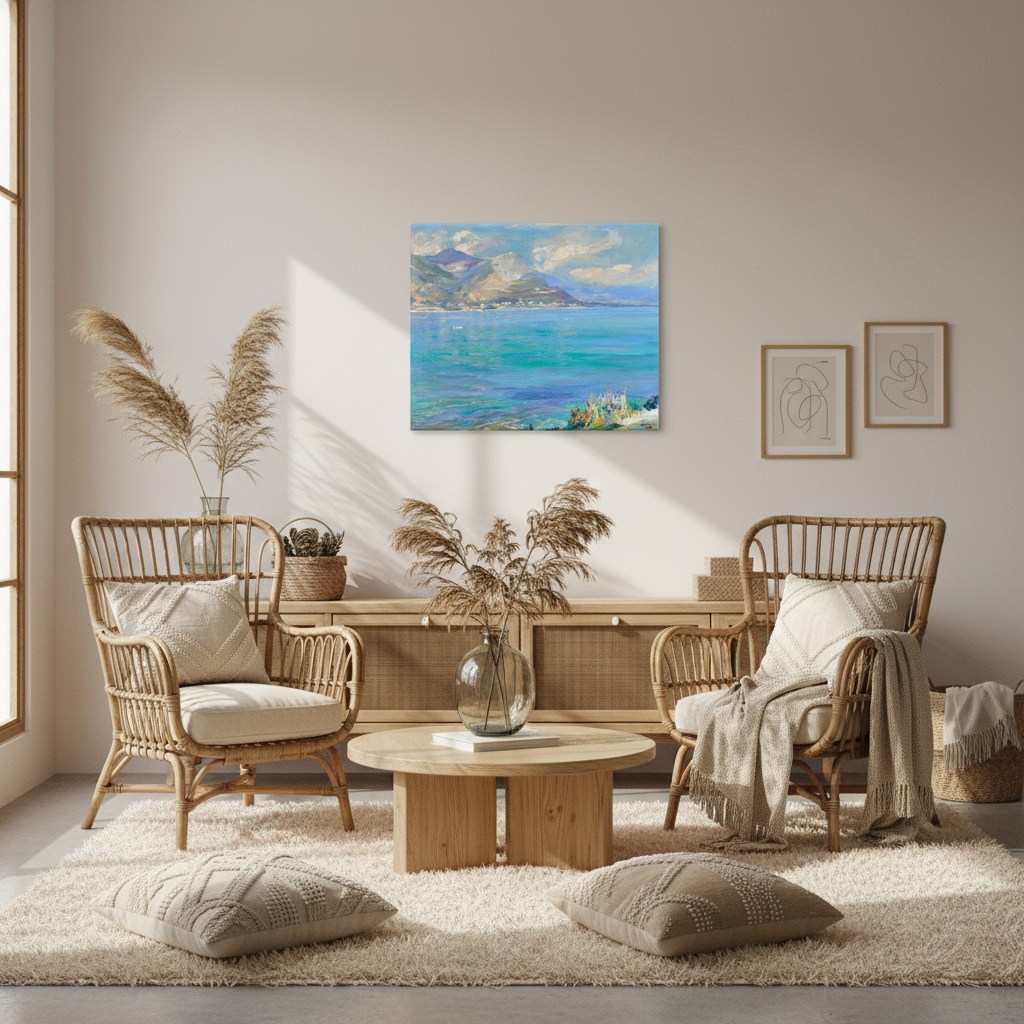 Beaulieu canvas print shown in a boho-Scandi living room with rattan décor, textured cushions, warm earthy tones, and soft ambient lighting.