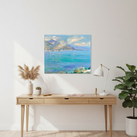 Beaulieu by Sir John Lavery canvas print styled above a natural wood desk in a modern home office with neutral décor, indoor plants, and feminine design touches.