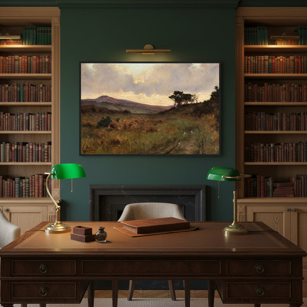Heritage study with dark green walls and built-in oak shelves; black-framed Coghill print above writing desk with brass lamp and leather blotter.