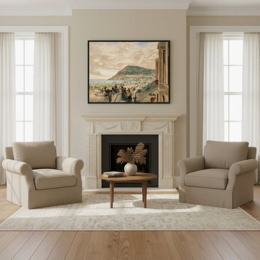 Framed print of The Seafront at Bray above a limestone fireplace in a Georgian seaside home, muted tones, linen armchairs and soft daylight from a bay window.