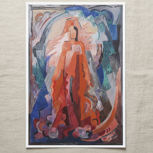 I Have Trodden the Winepress Alone by Mainie Jellett – unframed museum-quality Irish Modernist religious art print unframed museum-quality art print of Mainie Jellett “I Have Trodden the
Winepress Alone”, flat lay on textured linen surface, soft natural shadows,
visible matte paper texture, clean premium studio aesthetic, 4K product shot