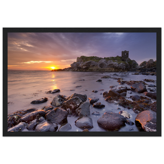 Framed print of Kinbane Castle, showcasing its dramatic cliffside ruins above the North Atlantic waves. Perfect for history enthusiasts and lovers of coastal charm, this print captures the rugged beauty and ancient allure of Ireland's scenic landscape.