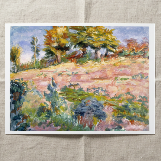Landscape by Roderic O’Conor Art Print 40×50 cm unframed archival print resting on light linen fabric. Soft natural daylight, gentle shadows, artisanal fine-art photography style.