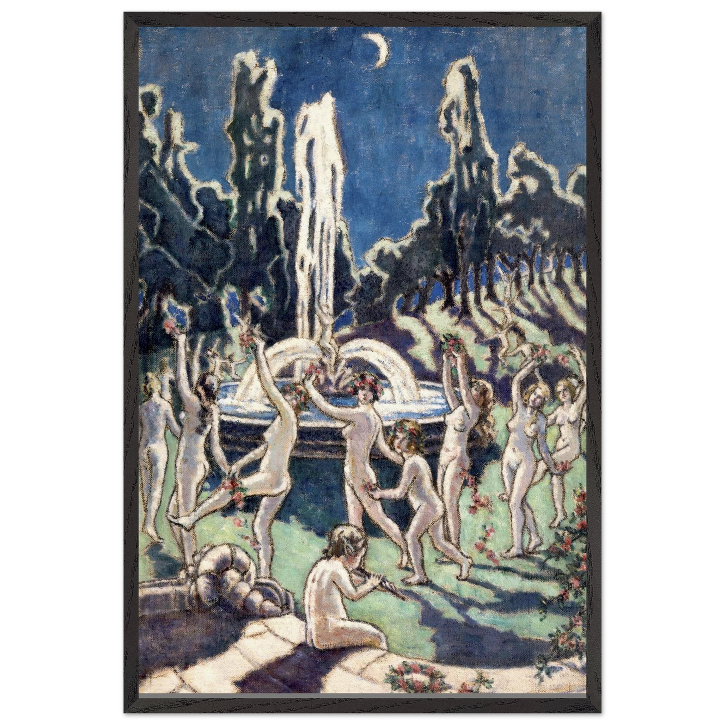 Nudes Dancing round a Fountain by Moonlight by Mainie Jellett – black framed Irish modern art reproduction