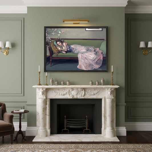 The Green Sofa by Sir John Lavery — A2 Irish art print in black frame above fireplace, heritage home wall art, Buy Irish Art