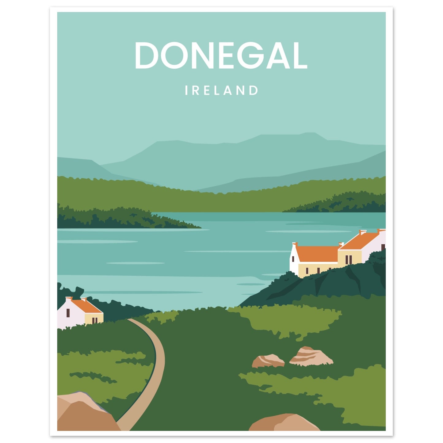 Small Donegal Ireland minimalist travel poster print, soft greens and mountains, modern Irish wall art.