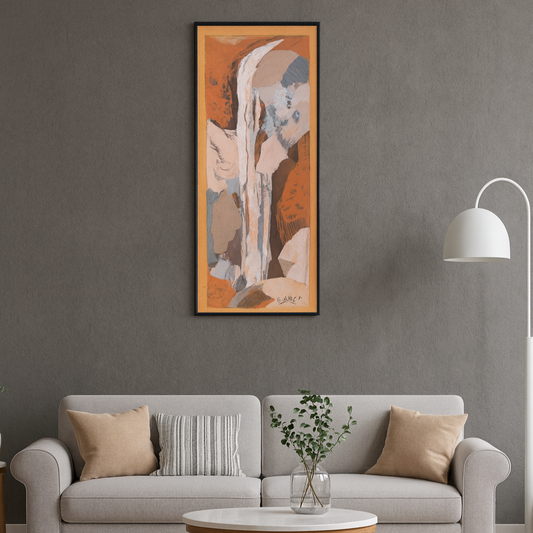 Living room with a gray sofa, round coffee table, and abstract art on the wall.