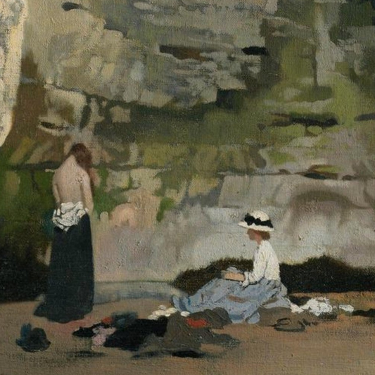 Digby Cave Orpen 40×50 cm unframed archival art print, Two women by a cave with greenery in the background