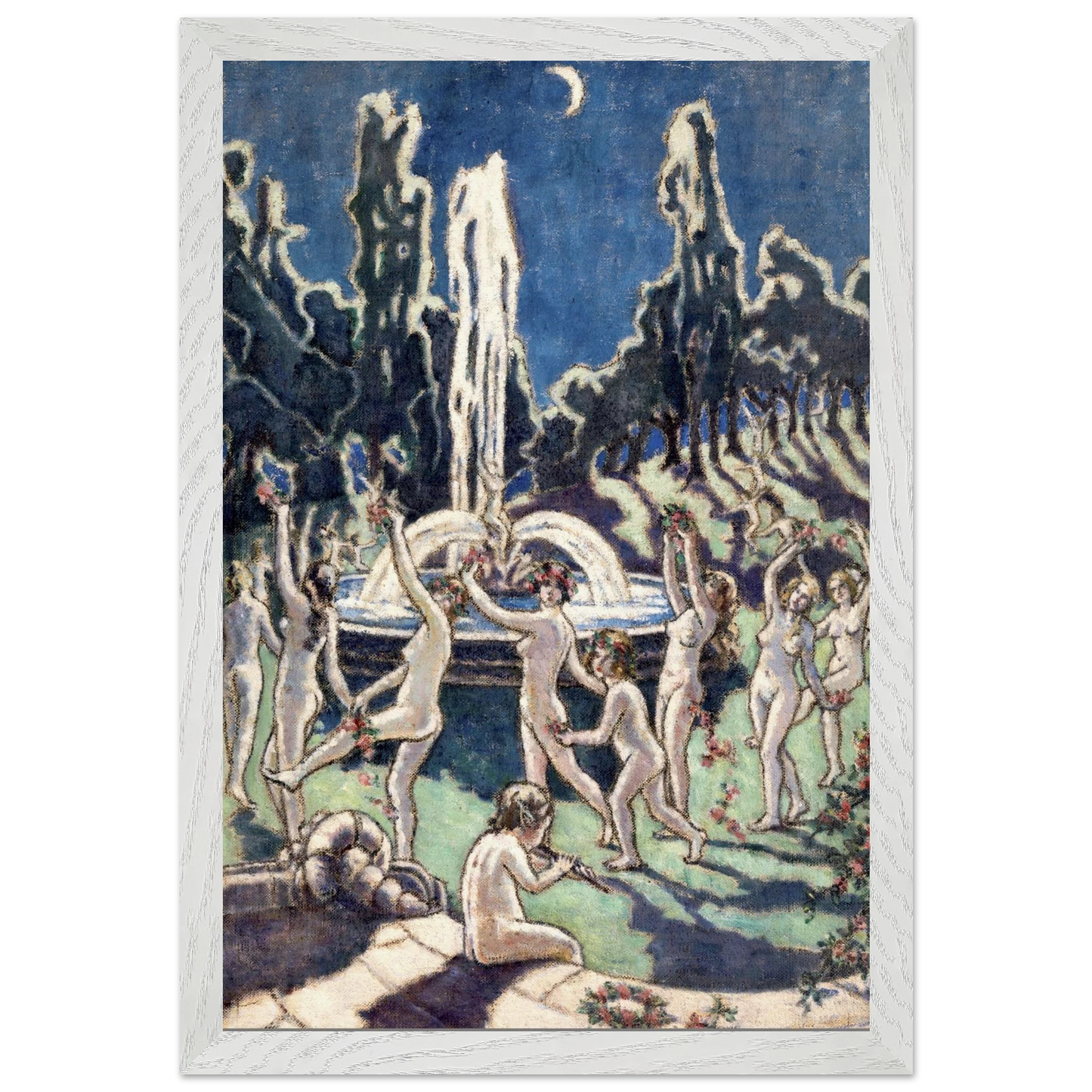 Nudes Dancing round a Fountain by Moonlight by Mainie Jellett – white framed Irish figurative art print