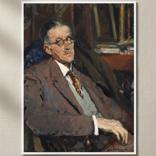 Portrait of James Joyce, 1934, unframed archival art print resting on light linen fabric in soft natural daylight
