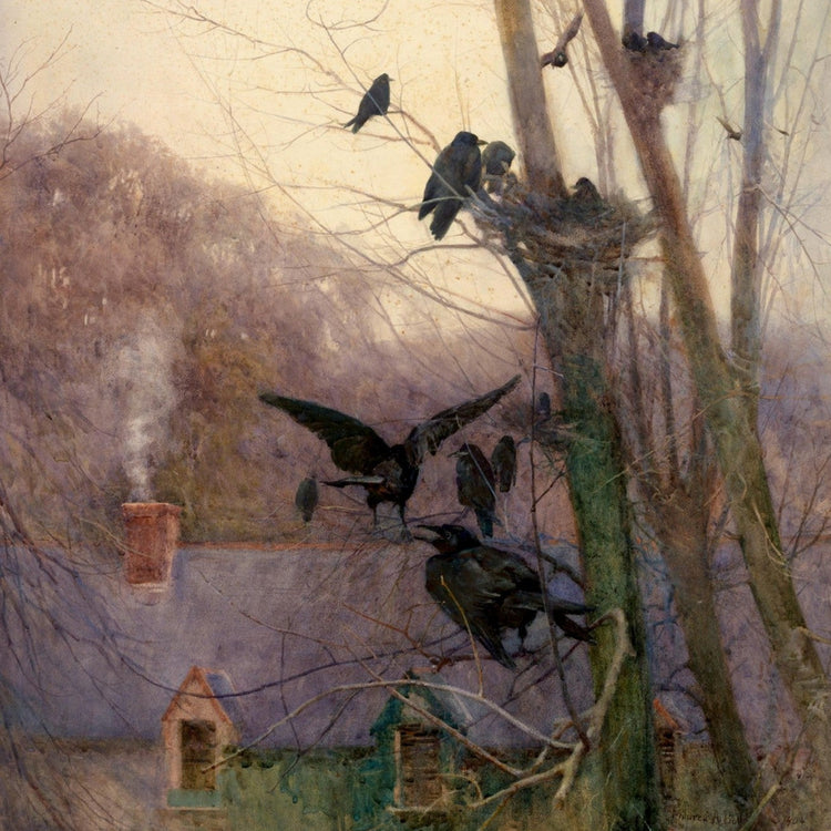 Irish watercolour painting by Mildred Anne Butler depicting birds among trees and rural rooftops