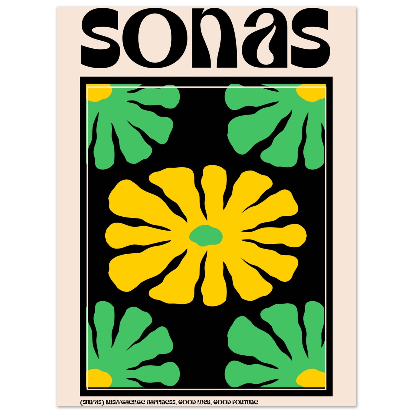 15×20 cm “Sonas” Irish happiness print with yellow and green floral illustration on black background.