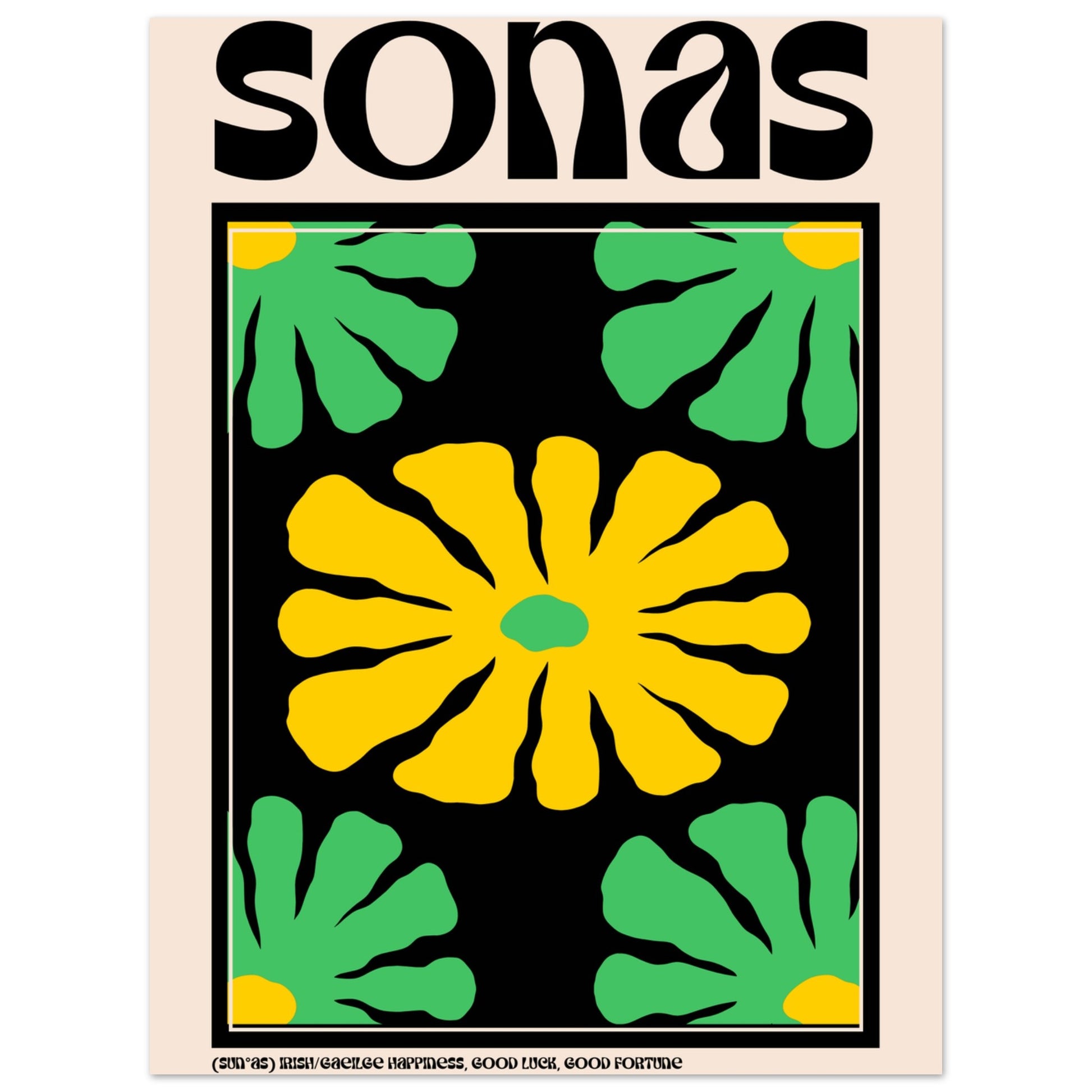 15×20 cm “Sonas” Irish happiness print with yellow and green floral illustration on black background.