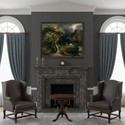 40×50 cm framed print of A Thunderstorm: The Frightened Wagoner by James Arthur O’Connor above a stone fireplace in a Georgian drawing room, stormy sky tones, antique candlesticks and dark wood furniture.
