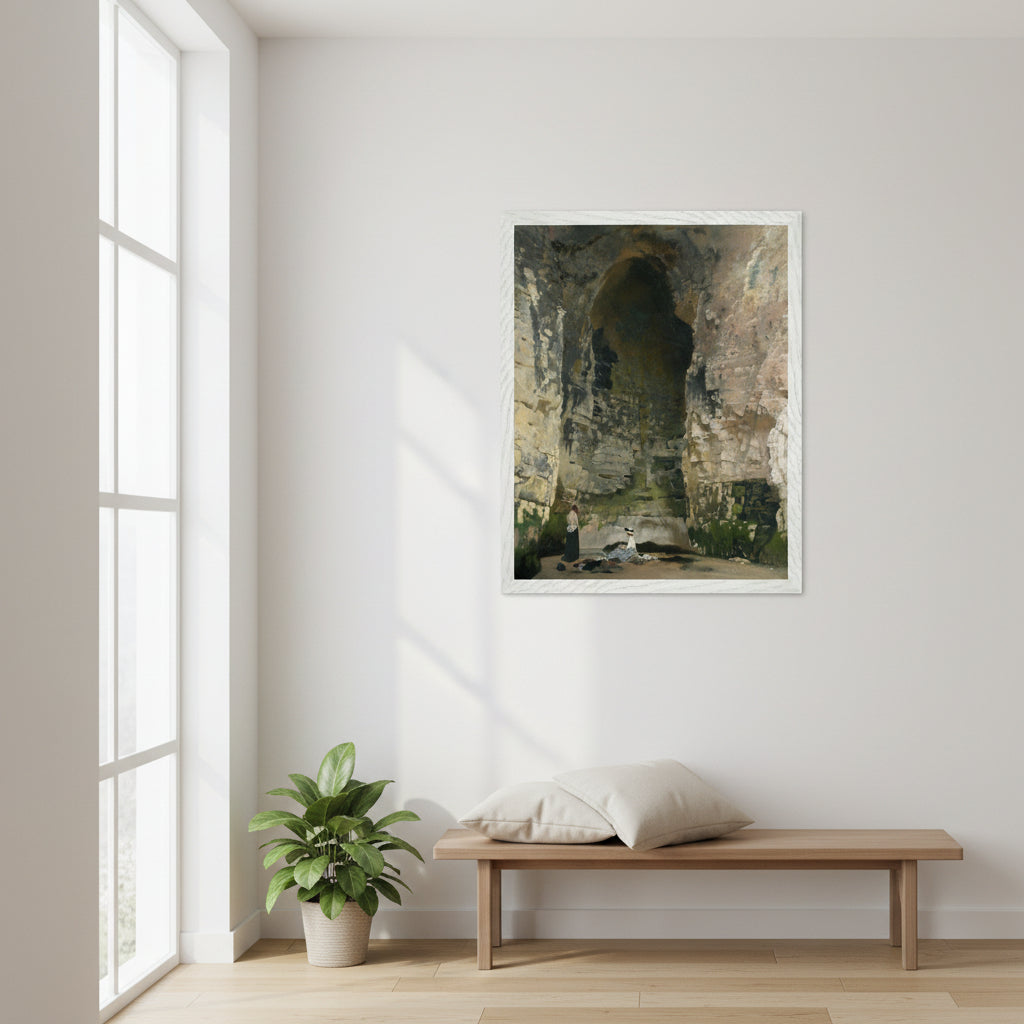 Scandinavian-inspired interior with soft natural light, featuring a 40×50 cm (16×20″) white gallery-framed print of ‘Digby Cave No. 1’ by Sir William Orpen. Display the frame at true scale with smooth matte-white hardwood, sharp edges, and clear glazing. Clean, bright environment, minimalist décor, photorealistic quality.