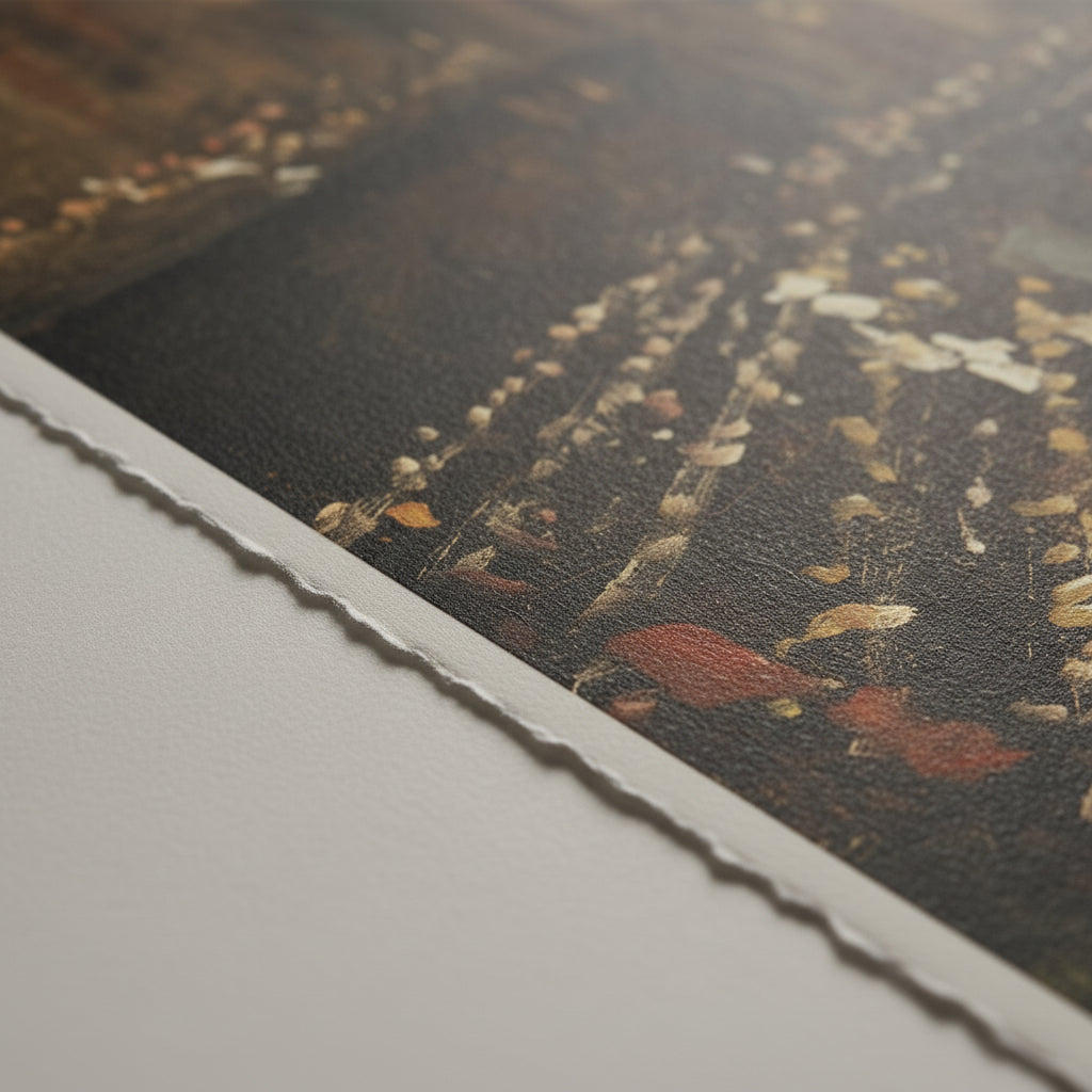 close-up detail of unframed fine art print edges, matte museum paper texture, soft shadows, angled natural light, premium archival print realism, macro lens feelw