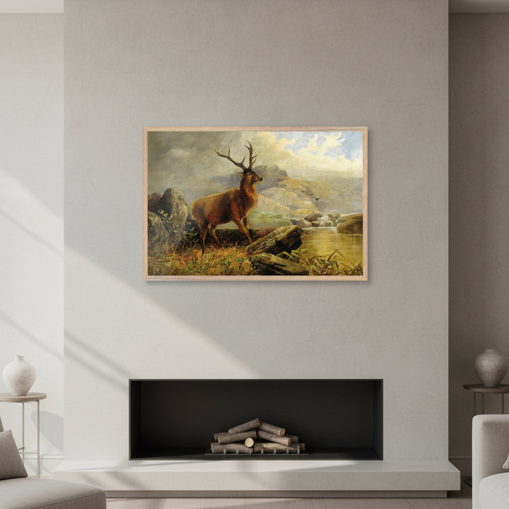 Premium interior mock-up of a framed fine art print, vertical orientation, showing Stag at Mountain Stream (1883) by Henry Morris. Museum-quality frame in NATURAL WOOD, anti-reflective glass, hanging above a modern fireplace or in an elegant living room. Soft natural light, neutral walls, subtle shadows, premium gallery aesthetic, ultra-realistic