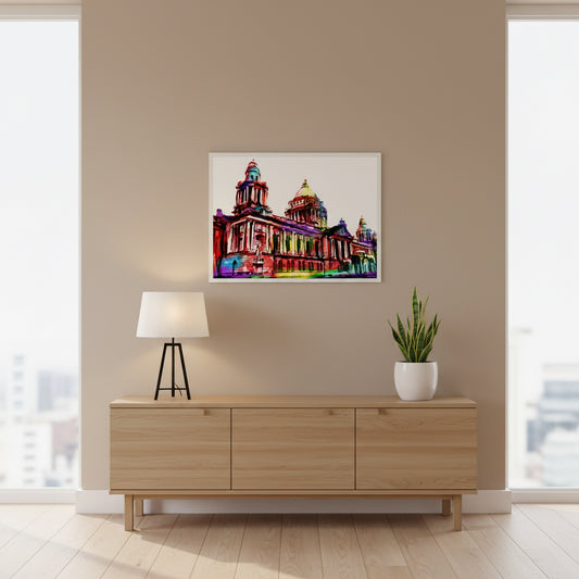 45x60 cm colourful Belfast City Hall artwork in white frame, centred above a simple oak sideboard with a lamp and small plant, soft beige wall, modern Nordic living room, realistic photography.