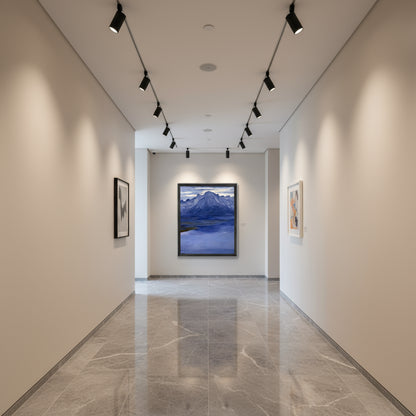 Luxury hallway with stone floors, gallery-style lighting and Twilight, Lake Geneva as the centrepiece artwork framed in black gallery frame