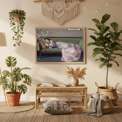 A2 framed Collector’s Edition of The Green Sofa by Sir John Lavery in natural wood. natural wood frame in bohemian interior, plants, warm textures, relaxed styling