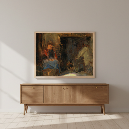 A Galway Cottage Framed Art Print by Irish Artist Walter Frederick Osborne displayed above a sideboard in a quiet interior, Buy Irish Art