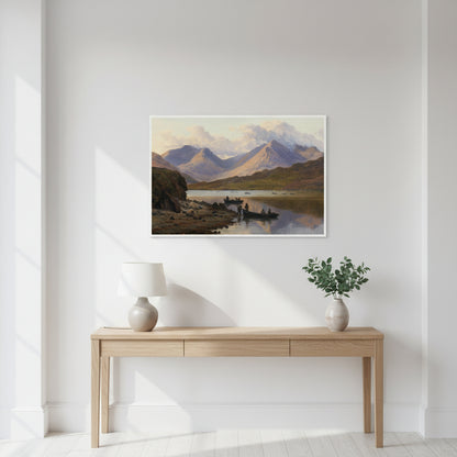 A framed Irish landscape print in a minimal hallway with white walls, wooden console table, ceramic lamp, greenery in vase. Natural soft shadows. Luxury contemporary Irish home aesthetic. A View of the Killaries by Irish Artist 