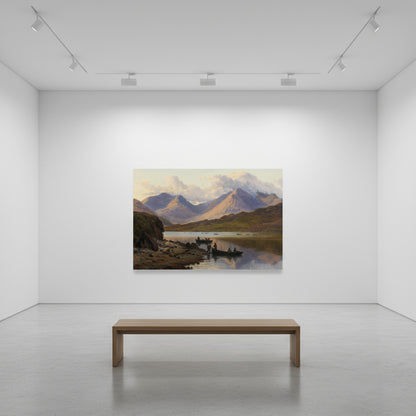 The Killary Fjord artwork by Watkins displayed in a gallery-style room with white walls and spotlighting. Positioned centrally with minimalist furniture, the landscape becomes the main focal point