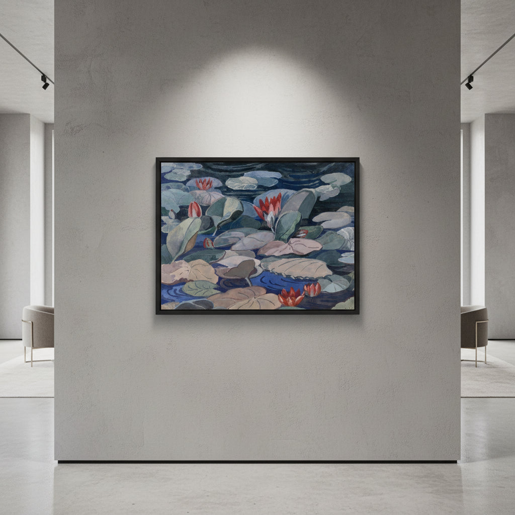 A Water-Lily Pond (c.1919) by Mainie Jellett collector’s edition framed art print, thin black wooden gallery frame, displayed on a soft grey plaster museum wall, warm gallery spotlight overhead, clean shadow falloff, high-end contemporary interior, pristine minimalist aesthetic, ultra-high-resolution
