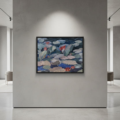 A Water-Lily Pond (c.1919) by Mainie Jellett collector’s edition framed art print, thin black wooden gallery frame, displayed on a soft grey plaster museum wall, warm gallery spotlight overhead, clean shadow falloff, high-end contemporary interior, pristine minimalist aesthetic, ultra-high-resolution
