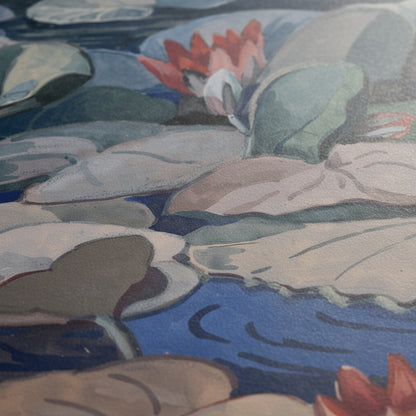 A Water-Lily Pond (c.1919) by Mainie Jellett, extreme close-up of unframed fine art print, focus on thick matte museum paper texture, soft diffused daylight, subtle shadows, crisp ink detail, edges of the paper visible, premium archival quality, 
