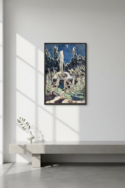 A museum-quality framed Irish art print of Mainie Jellett’s “Nudes Dancing Round a Fountain by Moonlight” in a sleek black hardwood gallery frame, styled in a contemporary interior with soft natural lighting, clean walls, and subtle shadows. Premium art showcase photography, high-resolution, editorial finish.