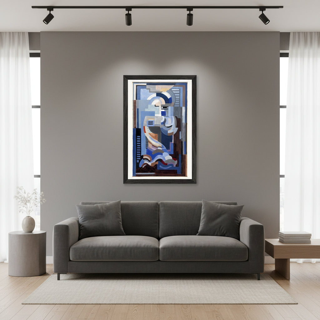 Abstract Blue Composition by Mainie Jellett in black wooden frame, modern apartment living room, charcoal sofa, gallery lighting, clean premium aesthetic, museum-style wall.
