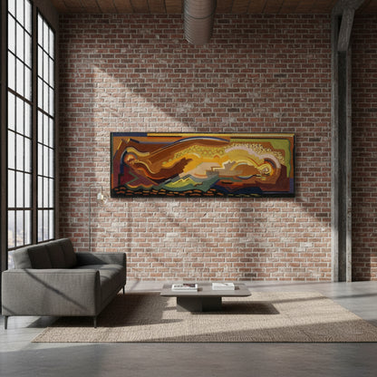 Abstract Composition – Mainie Jellett Canvas Print Large abstract canvas art hanging on an exposed brick wall in a modern industrial loft, high ceilings, natural light from large windows, designer furniture, concrete floors, textured canvas surface visible, dramatic shadows, premium modern interior style, 4K photorealistic.”