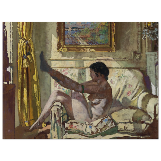 Archival art print of William Orpen’s Sunlight, nude woman adjusting stocking on floral sofa, Monet painting in background, 30x40 cm unframed.
