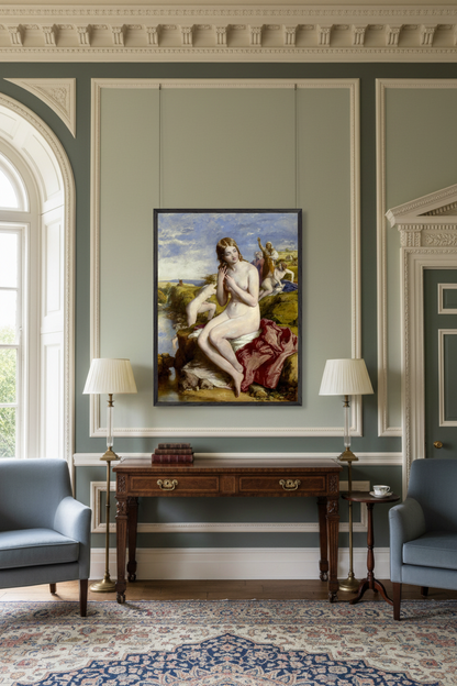 Elegant period home interior owned by an affluent Irish diaspora art collector, Bathers Surprised by William Mulready displayed in a black gallery frame above an antique console table, high ceilings, cornicing, muted heritage colour palette, natural daylight, refined museum-quality art presentation, timeless and scholarly atmosphere, realistic scale, luxury editorial photography