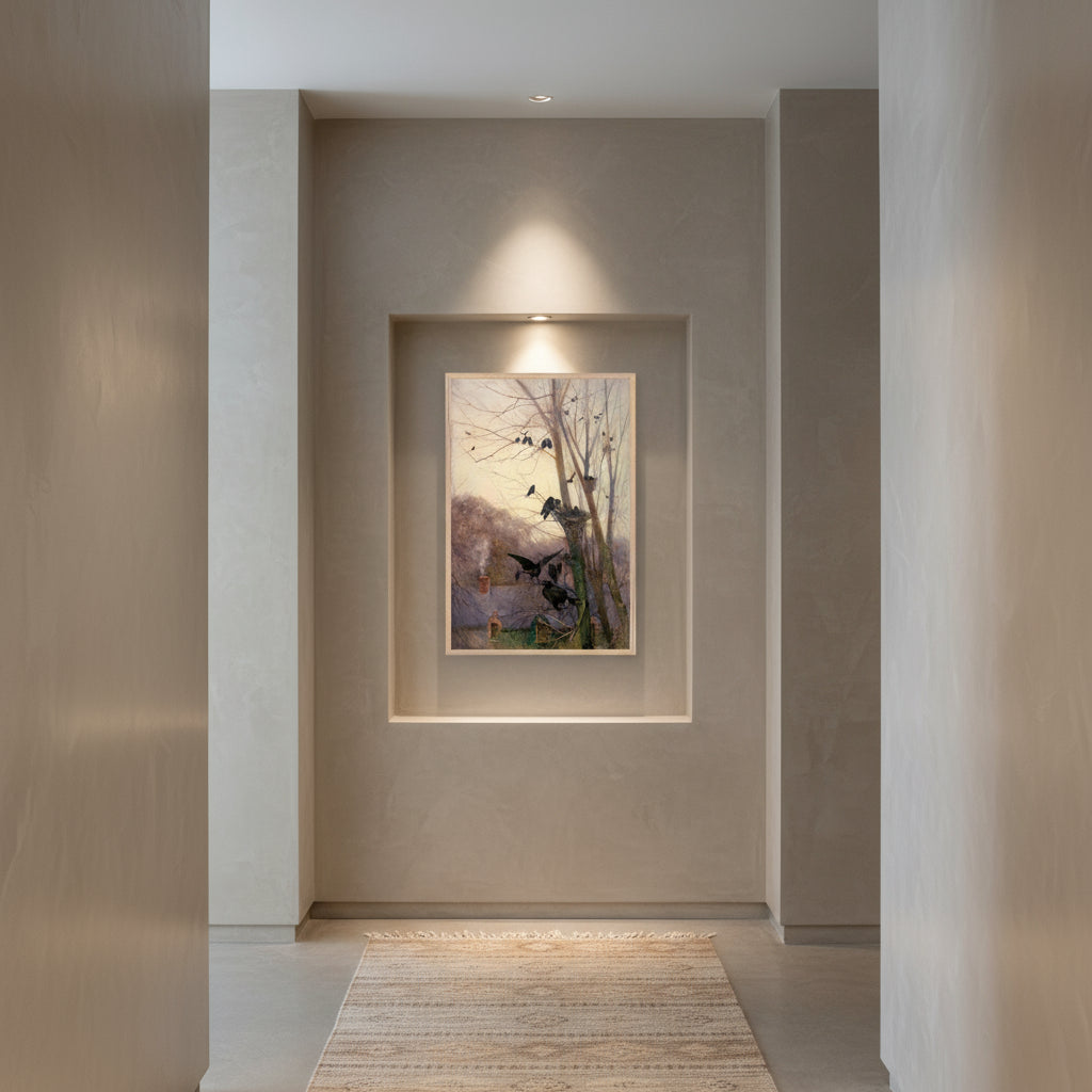 Boutique hallway: 30×45 cm Oak frame in a slim niche; plaster limewash walls, runner rug, museum-style downlight.