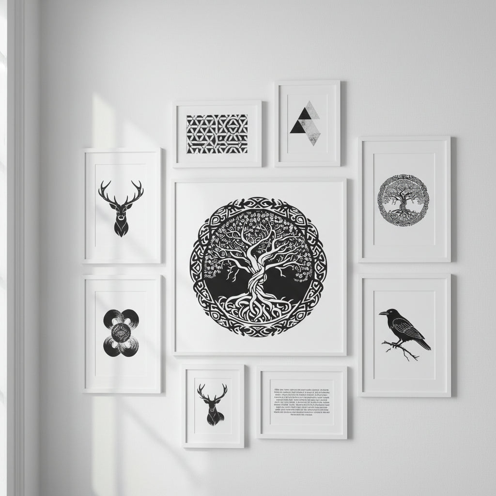 Celtic Tree of Life print in a white wooden frame displayed on clean white wall among other monochrome art prints. Soft daylight, gallery aesthetic, minimalist composition, high contrast focus on intricate linework.