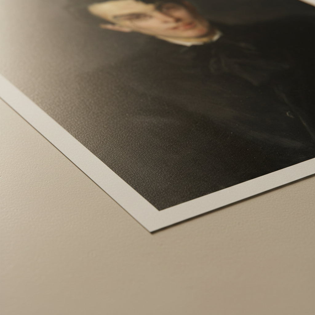 Close-crop detail of unframed Yeats print showing crisp matte edges and archival paper texture; softly lit with warm tonal balance.