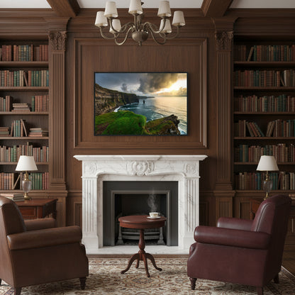 Dark wood-panelled study with leather armchairs and antique books; Cliffs of Moher in black frame above a marble fireplace.
