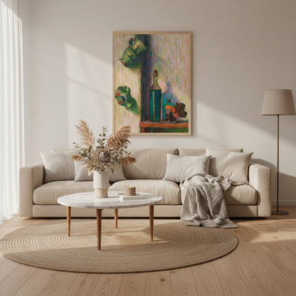 Flowers, Bottle and Two Jugs by Irish Artist Roderic O'Conor Art Print. A soft, Scandinavian-inspired living room light oak floors, soft beige sofa, boucle textures, dried flowers in a ceramic vase, and warm natural light. On the wall hangs a vertical Post-Impressionist art print with vibrant stripes and a teal bottle. Minimal, elegant, aspirational atmosphere.