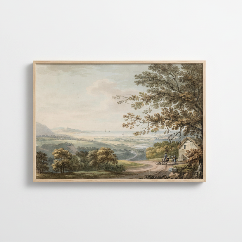 Framed antique Irish landscape art print photographed straight-on, soft shadow, off-white background, gallery documentation style, ultra-sharp detail