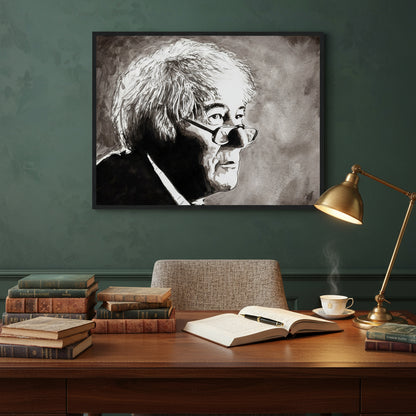 Poetic brilliance of Seamus Heaney with our framed fine art print. This carefully crafted portrait print pays homage to the lyrical genius of the beloved Irish poet. Framed Seamus Heaney portrait in black frame above a writing desk lined with books of poetry, a fountain pen, and warm lamp light. Deep green walls, refined Irish ambience.