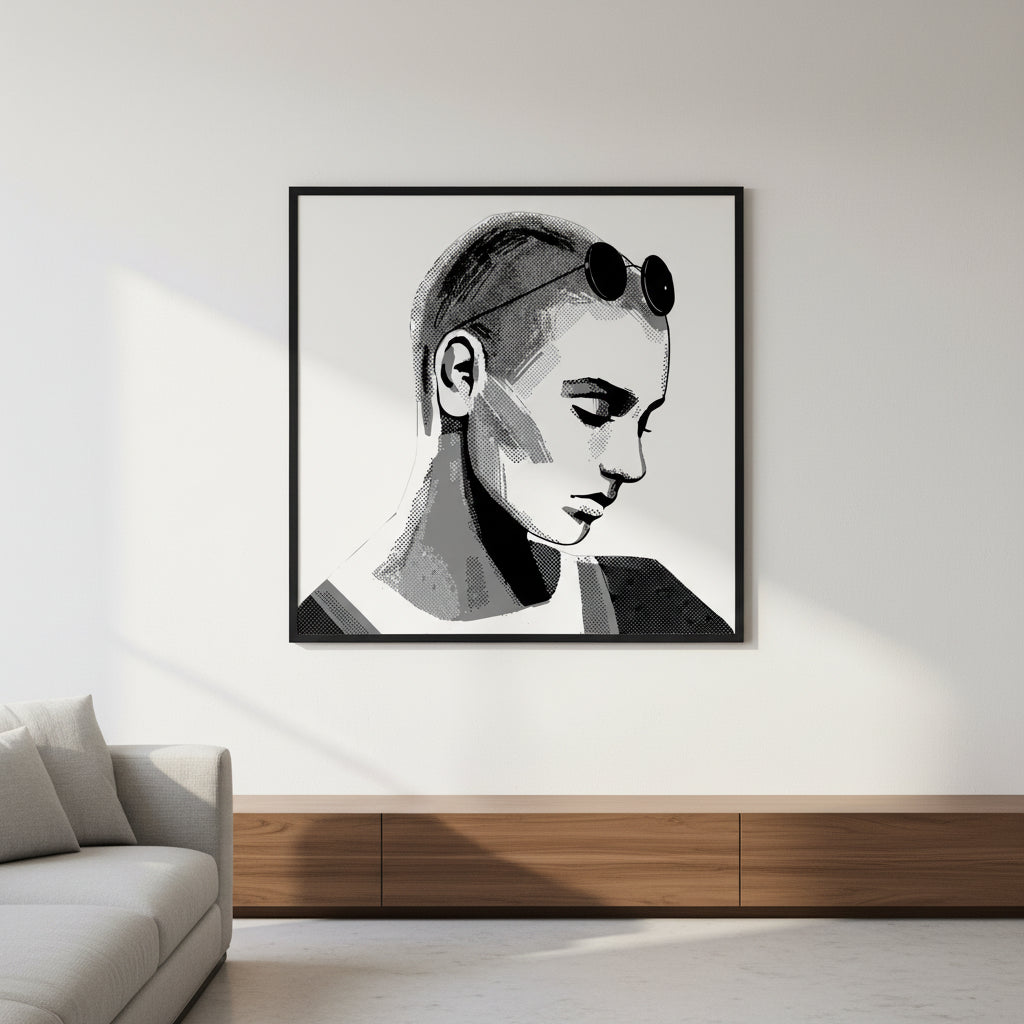 Framed art print of Sinéad O’Connor in a sleek black wooden frame, hanging in a minimalist modern living room with soft natural light, clean white walls, subtle shadows, premium gallery photography, high-end editorial style.”