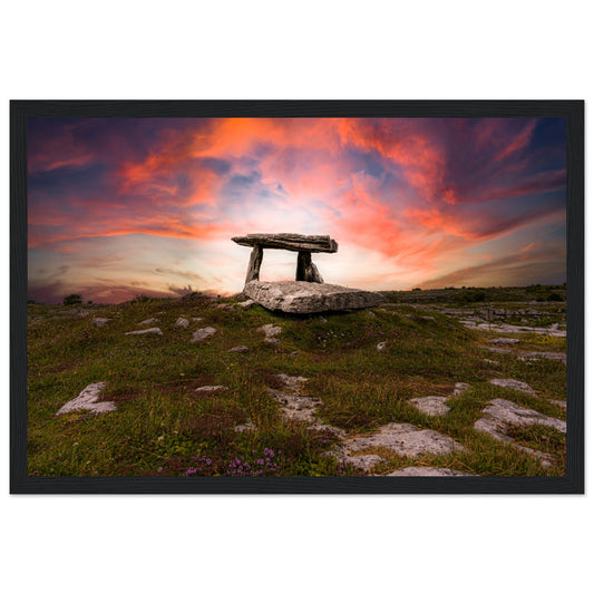 Framed photographic print of Poulnabrone Dolmen on the Burren limestone landscape in County Clare, Ireland.