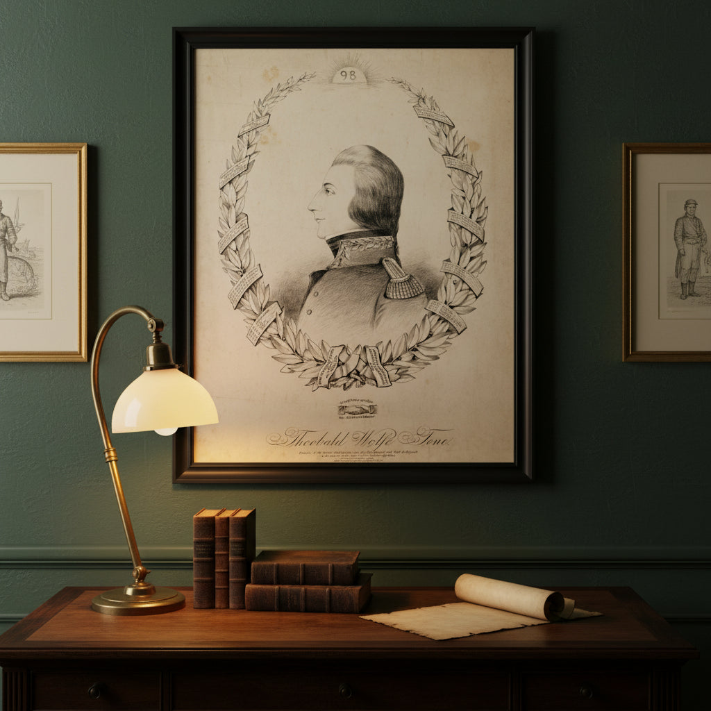 Framed portrait of Wolfe Tone in a black wooden frame, hanging above a vintage writing desk with brass lamp and leather-bound books. Warm lamplight falls across aged parchment textures, deep green wall tones, and gold-framed historical prints — evoking the atmosphere of an Irish scholar’s study.
