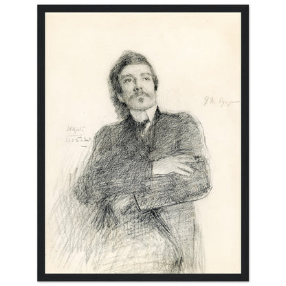 Graphite portrait of John Millington Synge by John Butler Yeats, framed in black gallery frame, museum-quality reproduction, Irish literary portrait.