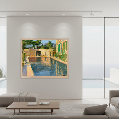 Irish Artist Sir John Lavery Art Print Framed artwork displayed in a contemporary interior with a hint of an outdoor pool or terrace in the background, reinforcing the painting’s setting.